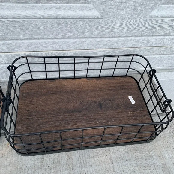 Rustic Nesting Wire Storage Baskets w Wood Base Farmhouse Organizer Set Handles